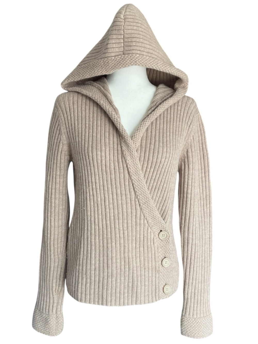 A Giannetti Merino Wool Ribbed Wrap Sweater Hooded Beige Vtg 90s Y2K Womens XL